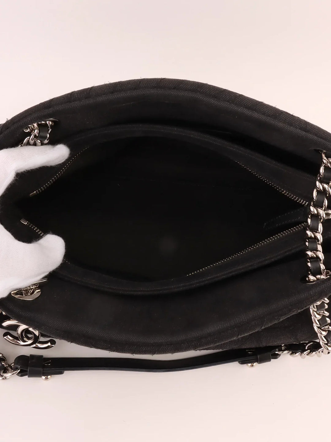 Chanel Around 2012 Made Denim Camellia Stitch Cc Mark Charm Chain Shoulder Bag Black