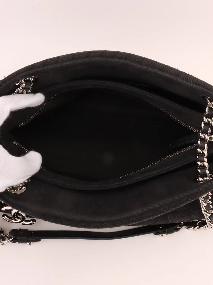 Chanel Around 2012 Made Denim Camellia Stitch Cc Mark Charm Chain Shoulder Bag Black