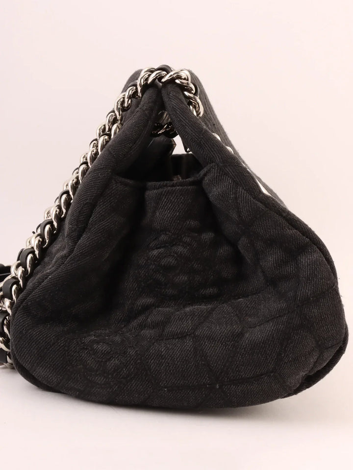 Chanel Around 2012 Made Denim Camellia Stitch Cc Mark Charm Chain Shoulder Bag Black
