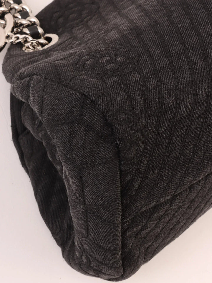 Top Quality Chanel Around 2012 Made Denim Camellia Stitch Cc Mark Charm Chain Shoulder Bag Black