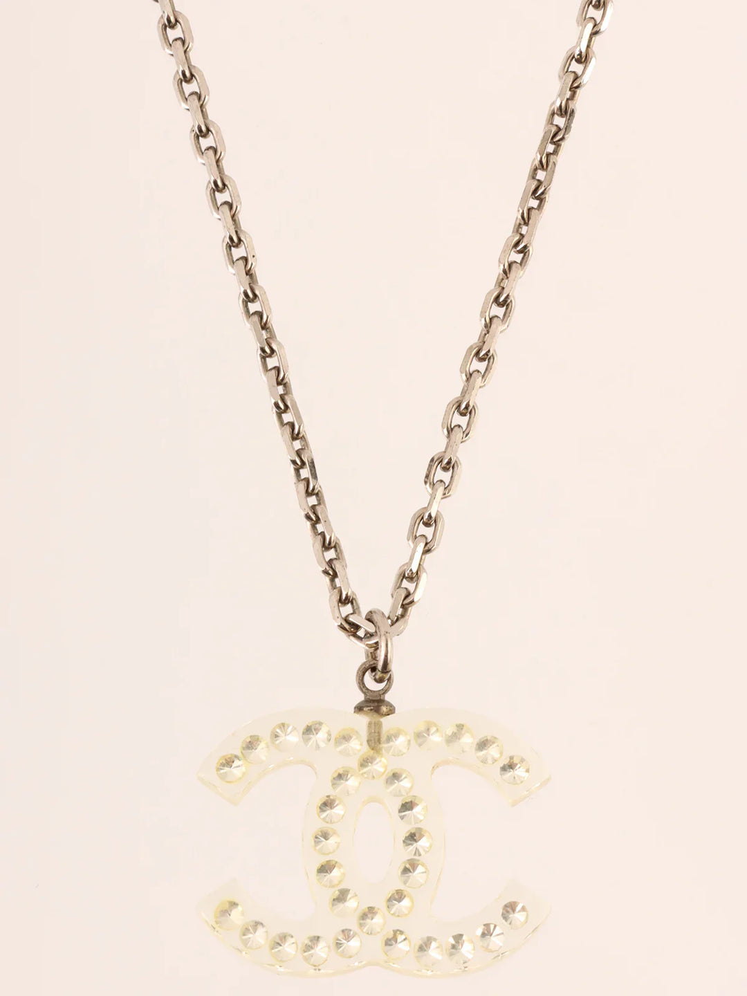 Chanel 2005 Made Rhinestone Cc Mark Plate Necklace Silver/Clear