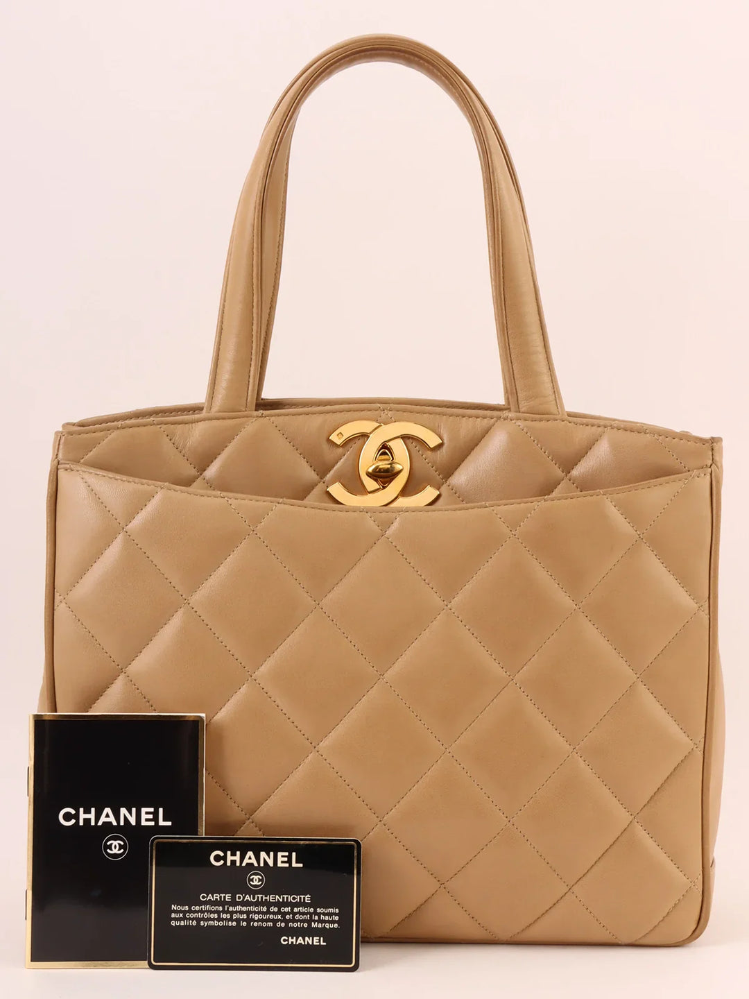 Chanel Around 1995 Made Turn-Lock Tote Bag Beige