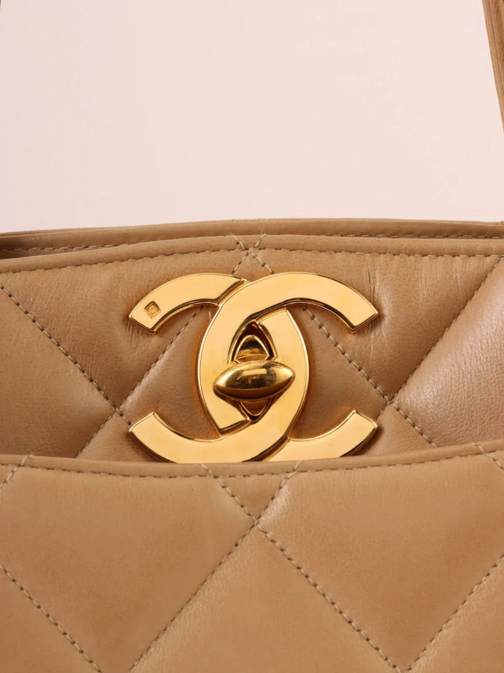 Chanel Around 1995 Made Turn-Lock Tote Bag Beige