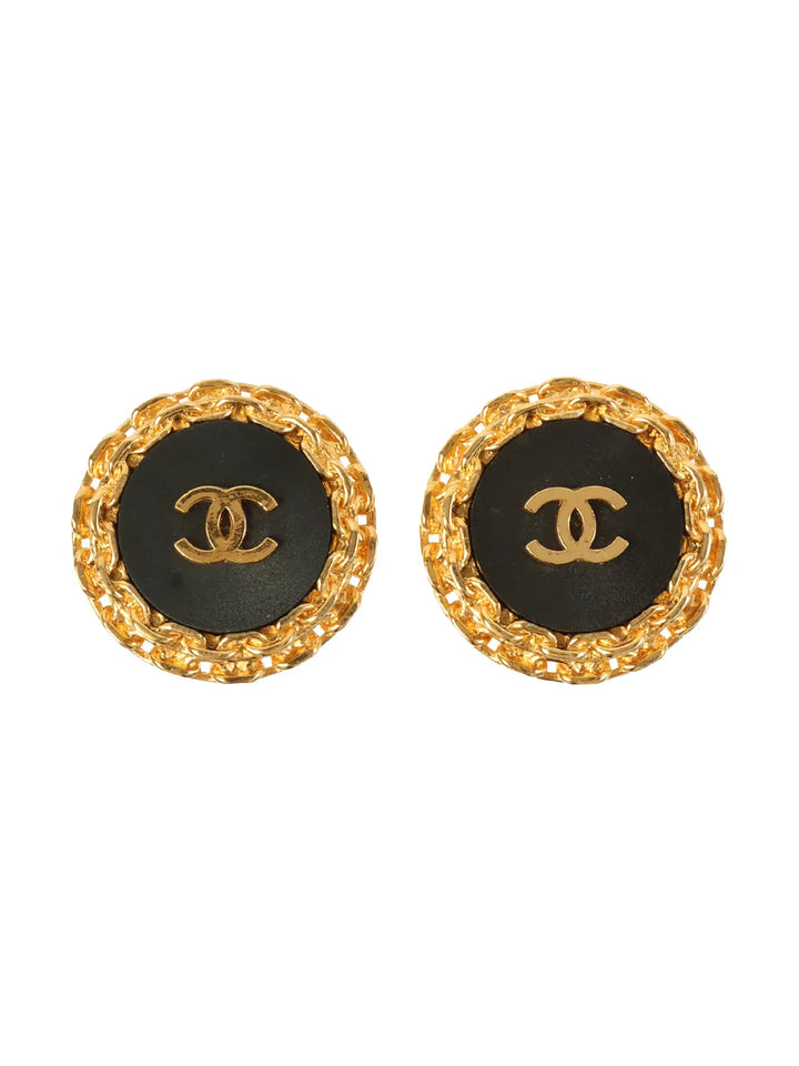 Chanel 1992 Made Chain Motif Round Cc Mark Earrings Black/Gold