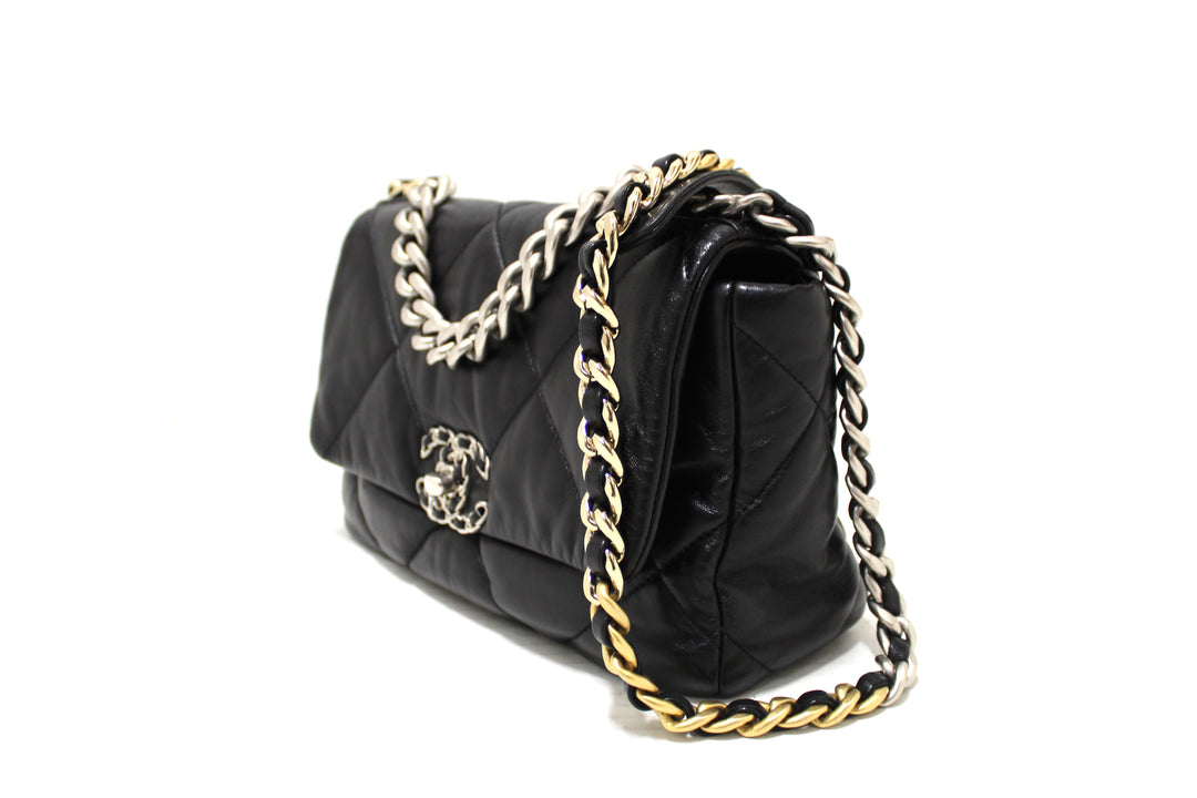 Top Quality Chanel 19 Medium Black Quilted Lambskin Leather Shoulder Crossbody Bag