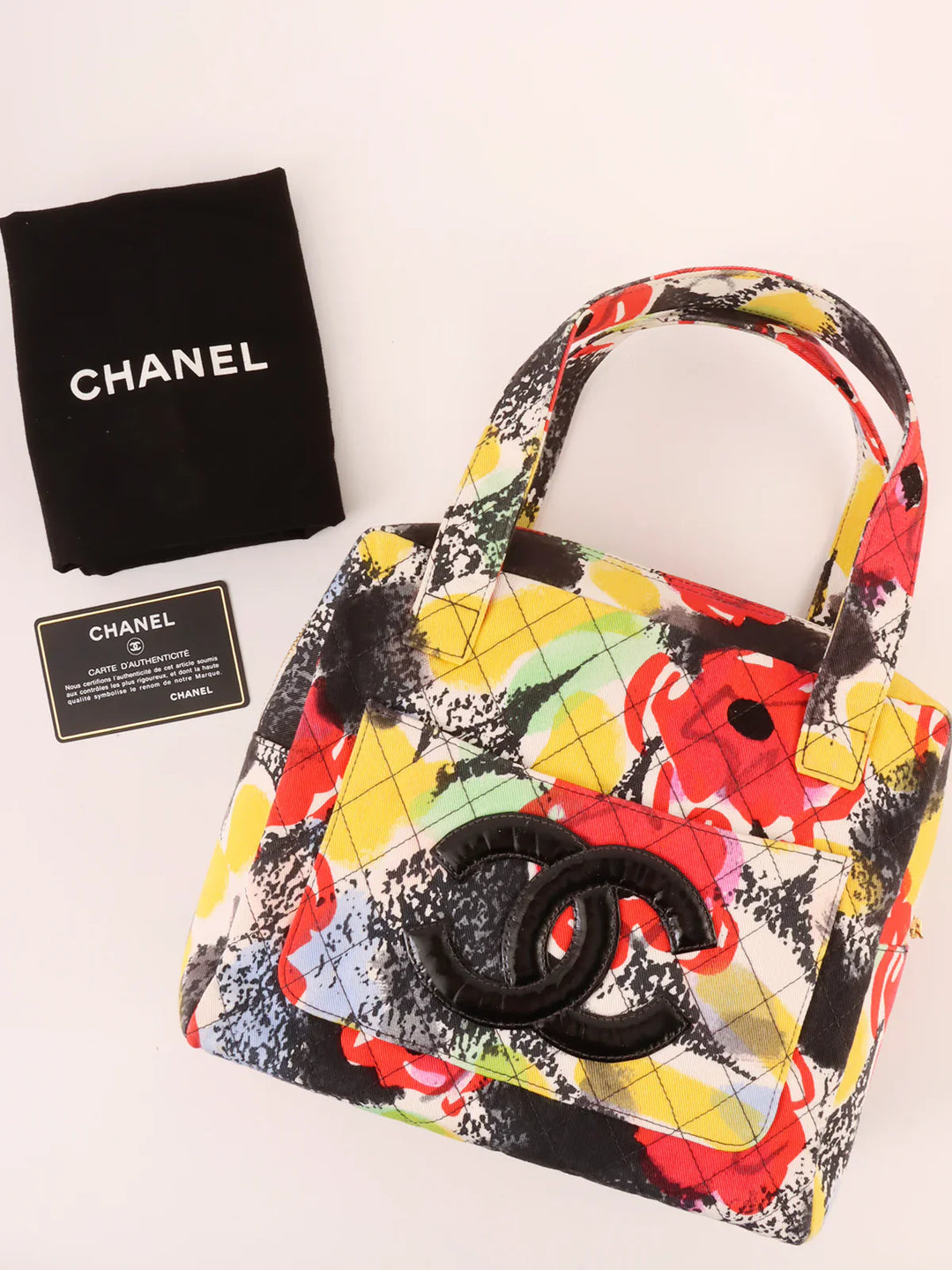 Chanel Around 1997 Made Cotton Camellia Pattern Cc Mark Top Handle Bag Multi