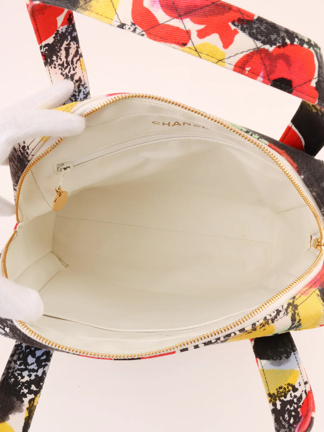 Chanel Around 1997 Made Cotton Camellia Pattern Cc Mark Top Handle Bag Multi