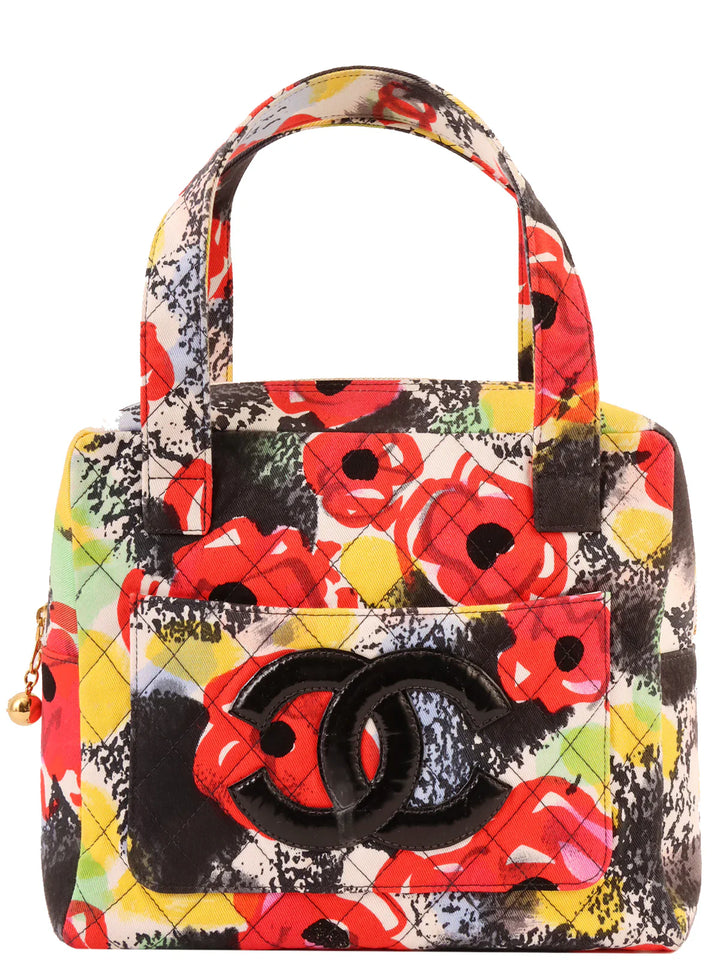 Chanel Around 1997 Made Cotton Camellia Pattern Cc Mark Top Handle Bag Multi
