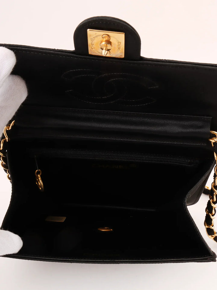 Chanel Around 1985~1990 Made Silk Satin Cc Mark Plate Chain Bag Mini Black