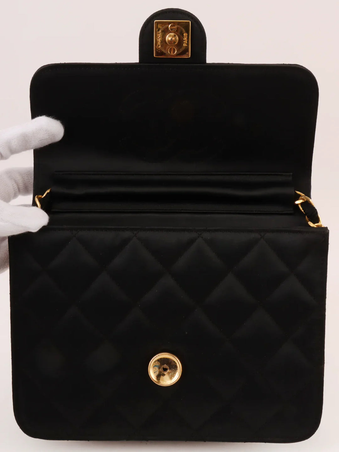 Chanel Around 1985~1990 Made Silk Satin Cc Mark Plate Chain Bag Mini Black