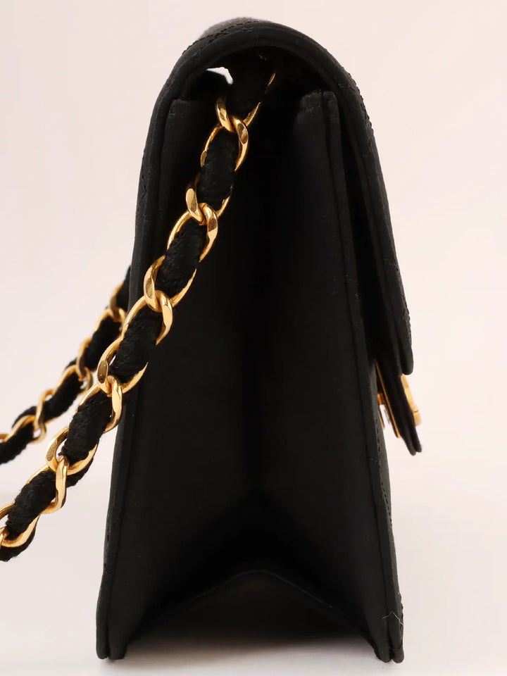 Chanel Around 1985~1990 Made Silk Satin Cc Mark Plate Chain Bag Mini Black