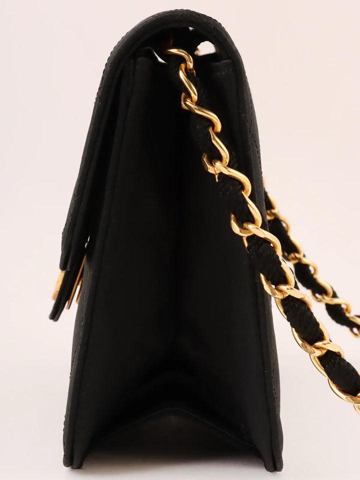 Chanel Around 1985~1990 Made Silk Satin Cc Mark Plate Chain Bag Mini Black