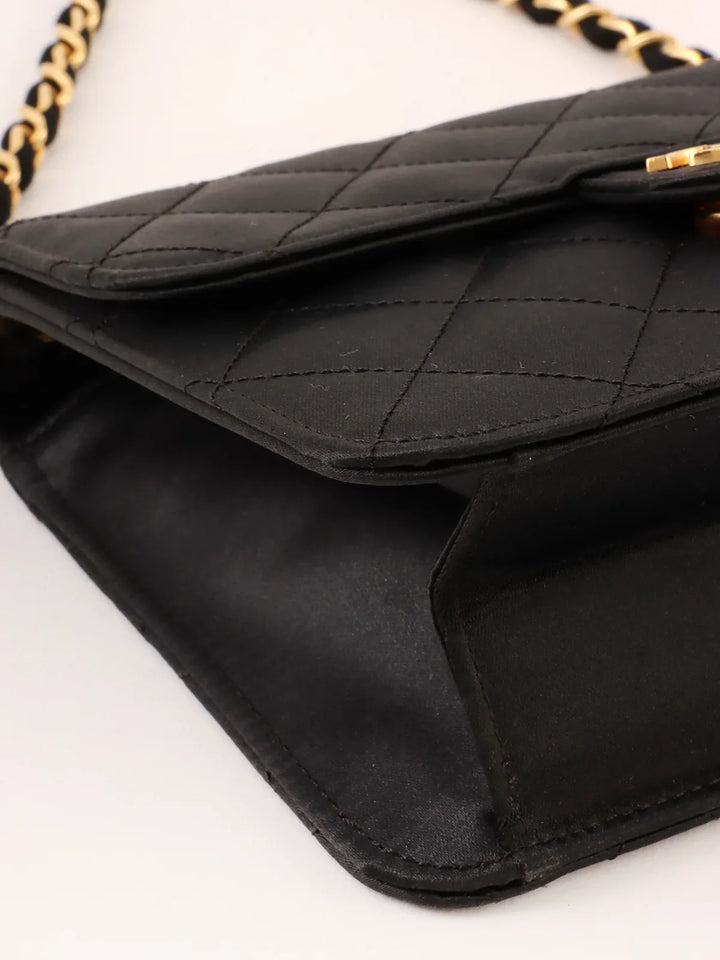 Chanel Around 1985~1990 Made Silk Satin Cc Mark Plate Chain Bag Mini Black
