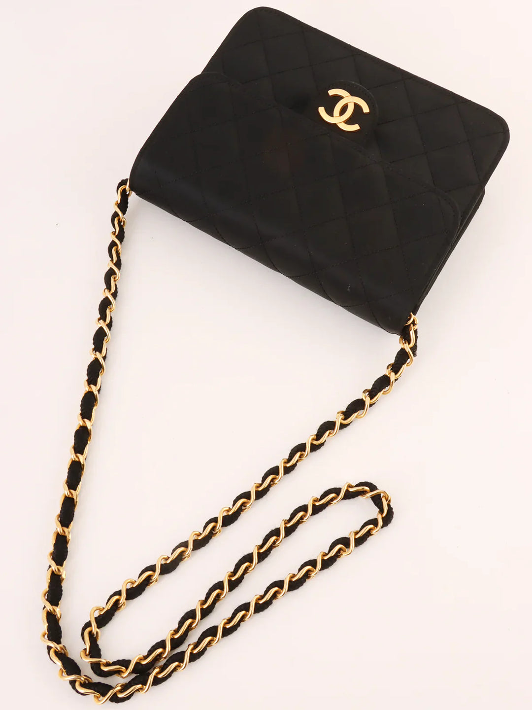 Chanel Around 1985~1990 Made Silk Satin Cc Mark Plate Chain Bag Mini Black
