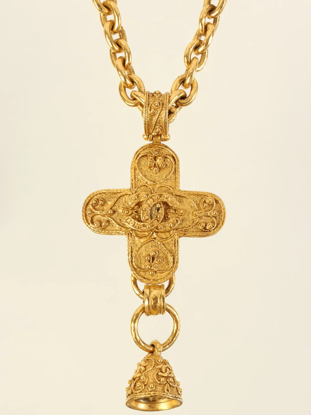 Chanel 1994 Made Cross Bell Motif Dotted Cc Mark Long Necklace Gold