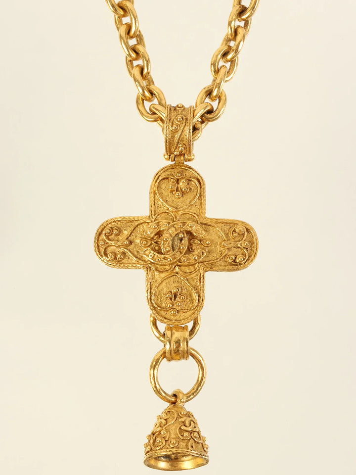 Chanel 1994 Made Cross Bell Motif Dotted Cc Mark Long Necklace Gold