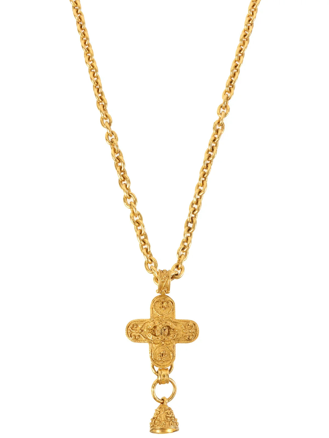 Chanel 1994 Made Cross Bell Motif Dotted Cc Mark Long Necklace Gold