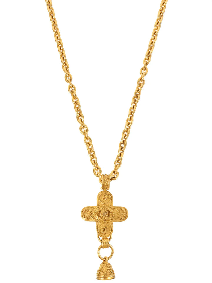 Chanel 1994 Made Cross Bell Motif Dotted Cc Mark Long Necklace Gold