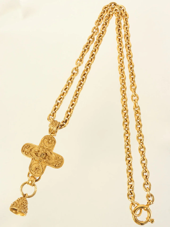 Chanel 1994 Made Cross Bell Motif Dotted Cc Mark Long Necklace Gold