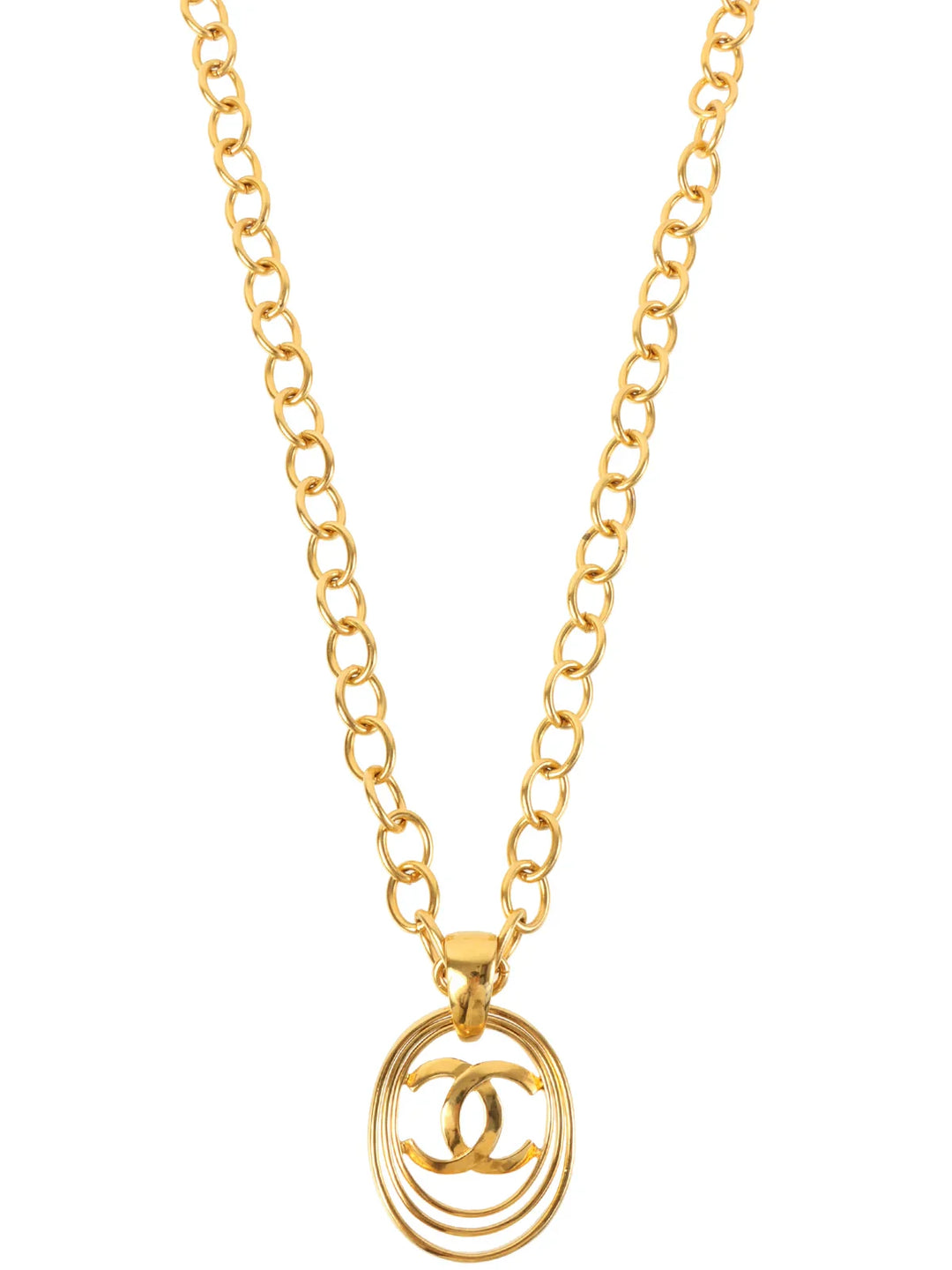Chanel 1995 Made Oval Cutout Cc Mark Plate Chain Long Necklace Gold