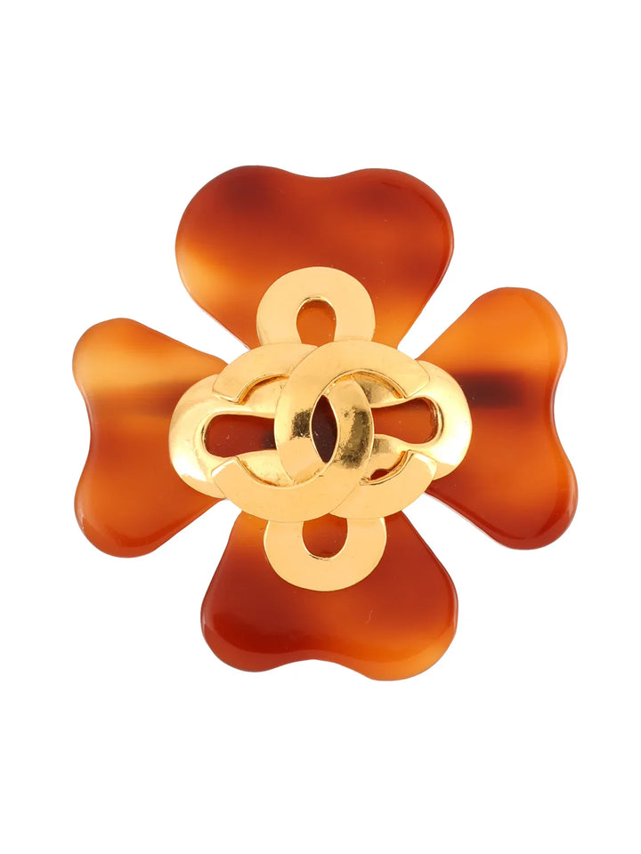 Chanel 1995 Made Tortoiseshell Clover Motif Cc Mark Brooch Gold/Brown