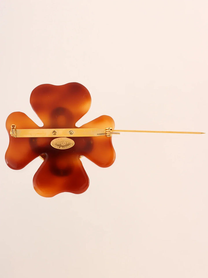 Chanel 1995 Made Tortoiseshell Clover Motif Cc Mark Brooch Gold/Brown