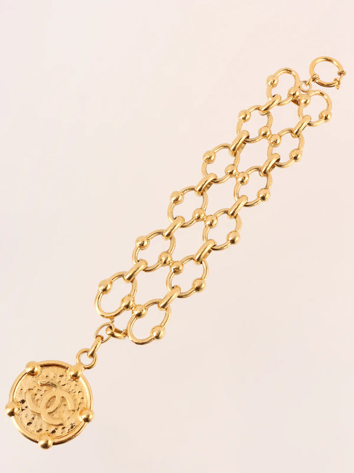 Chanel 1988 Made Round Cc Mark Plate Double Chain Bracelet Gold