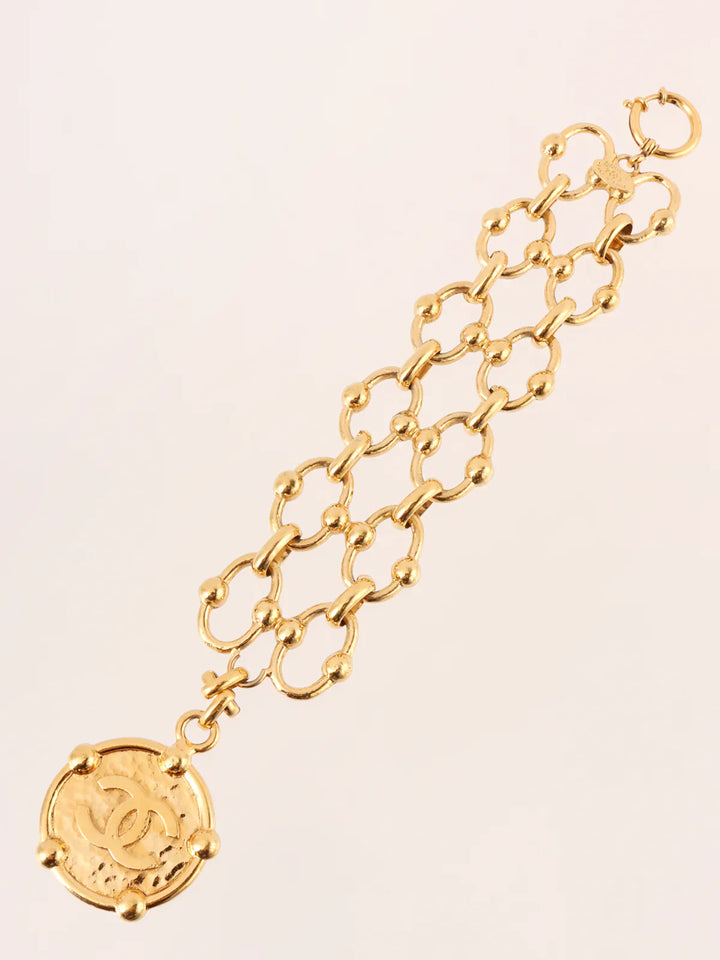 Chanel 1988 Made Round Cc Mark Plate Double Chain Bracelet Gold