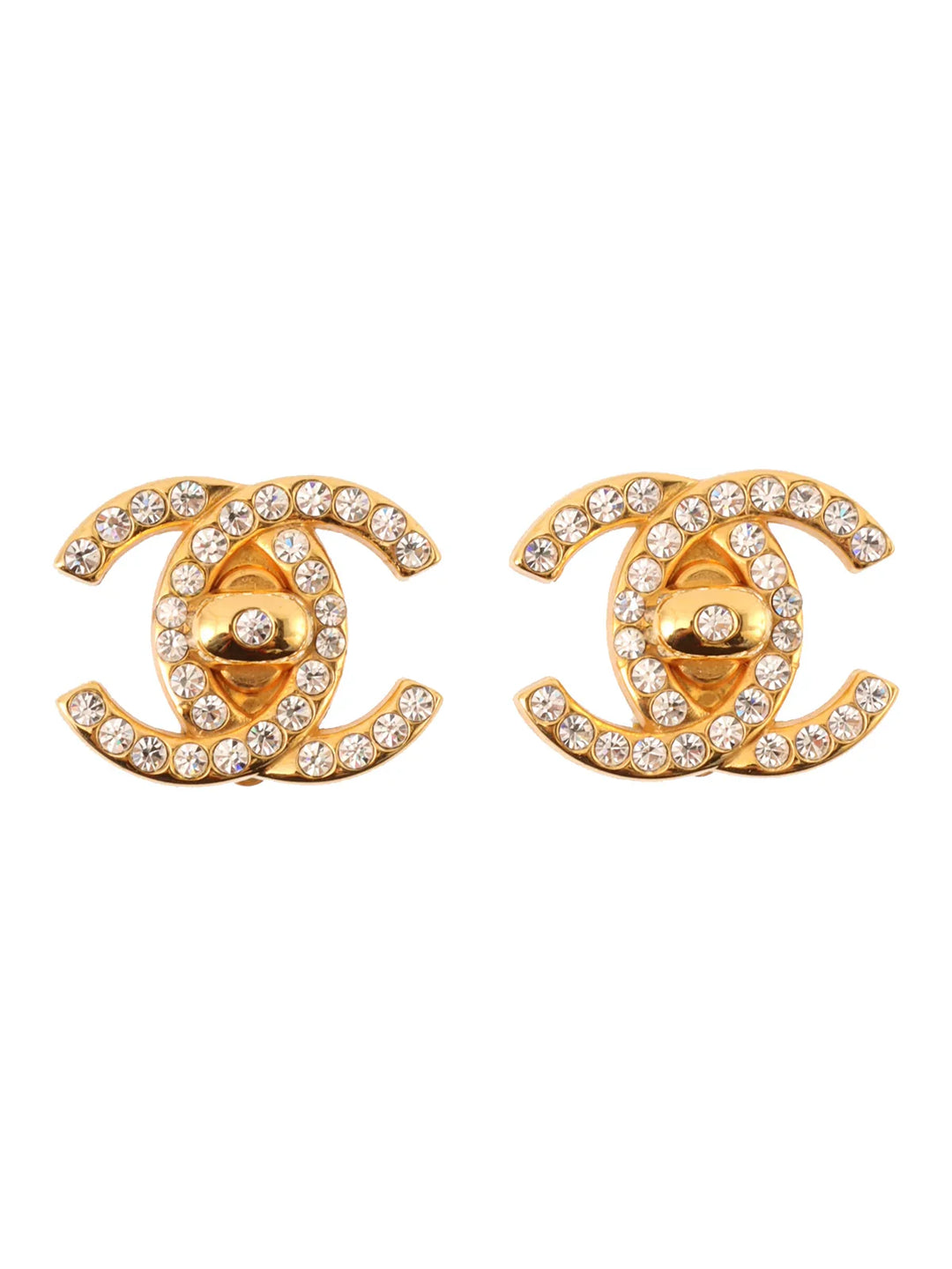 Chanel 1997 Made Rhinestone Turn-Lock Earrings Gold