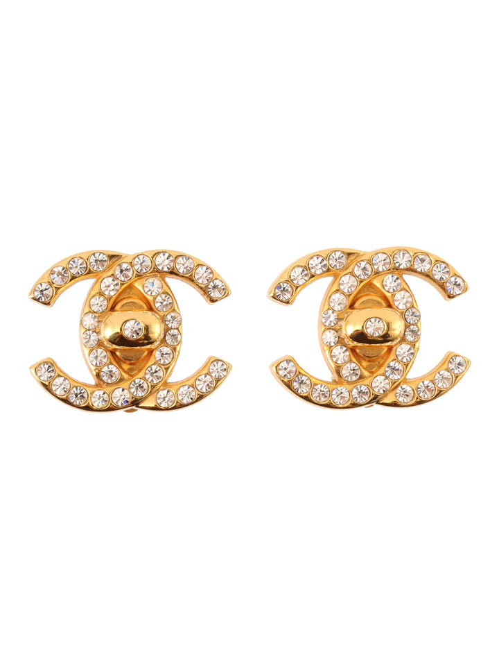 Chanel 1997 Made Rhinestone Turn-Lock Earrings Gold