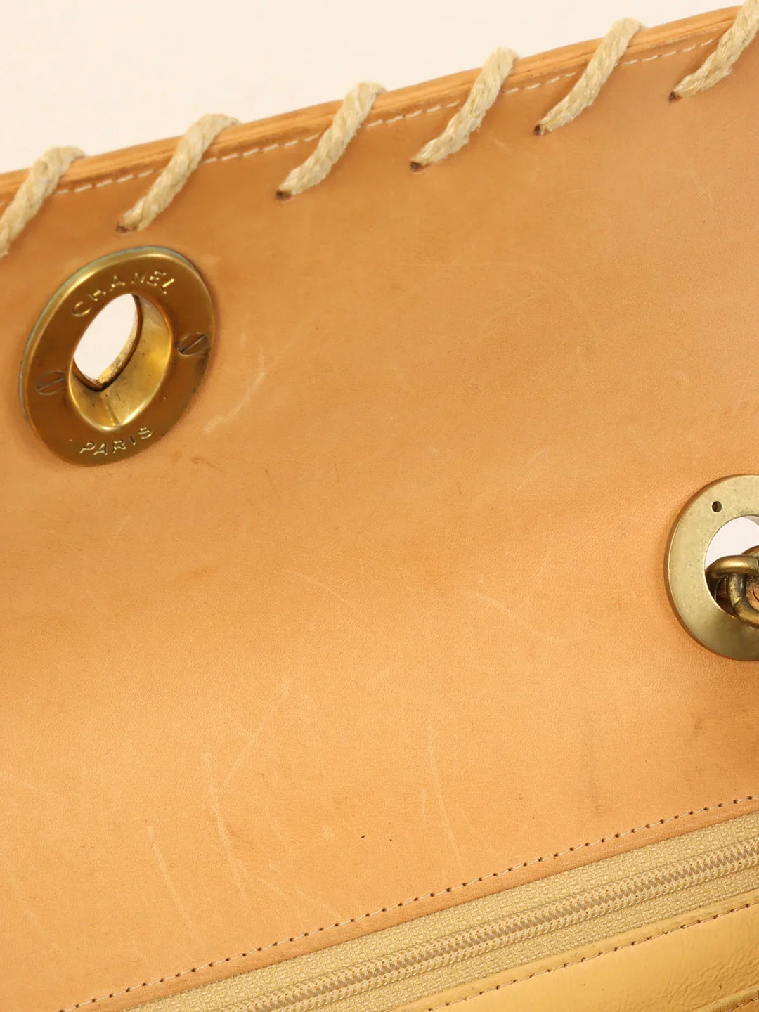 Chanel Around 1992 Made Logo Embossed Big Turn-Lock Chain Bag Camel