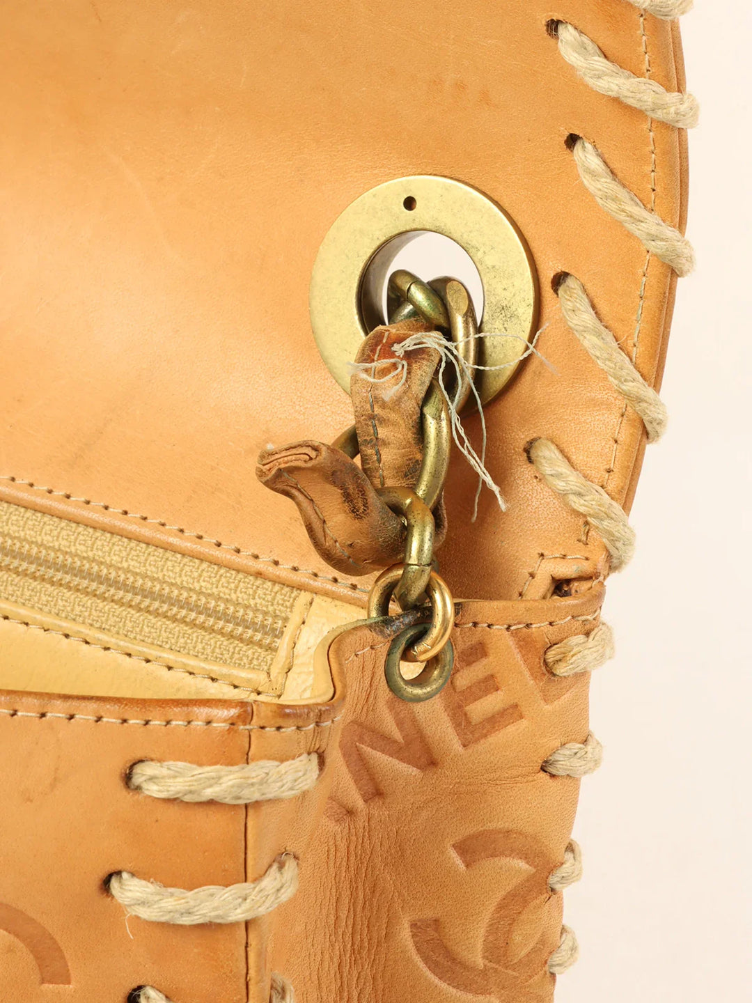 Chanel Around 1992 Made Logo Embossed Big Turn-Lock Chain Bag Camel