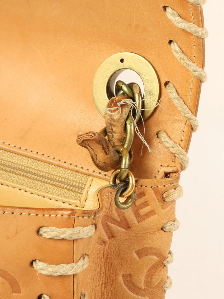 Chanel Around 1992 Made Logo Embossed Big Turn-Lock Chain Bag Camel