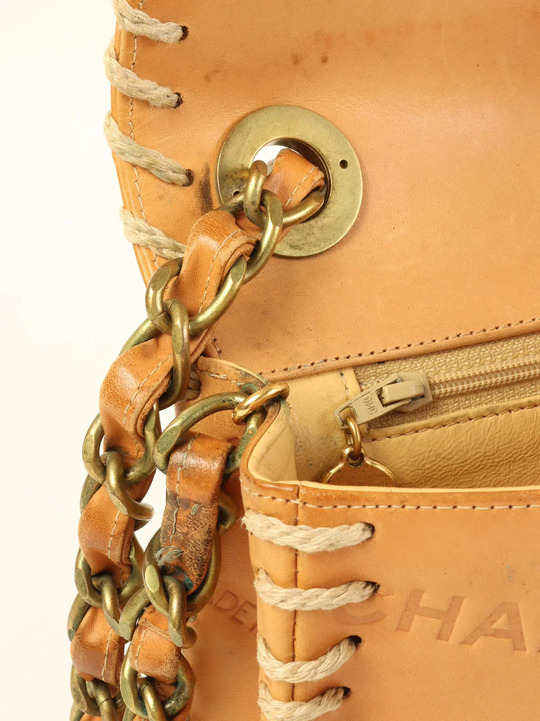 Chanel Around 1992 Made Logo Embossed Big Turn-Lock Chain Bag Camel