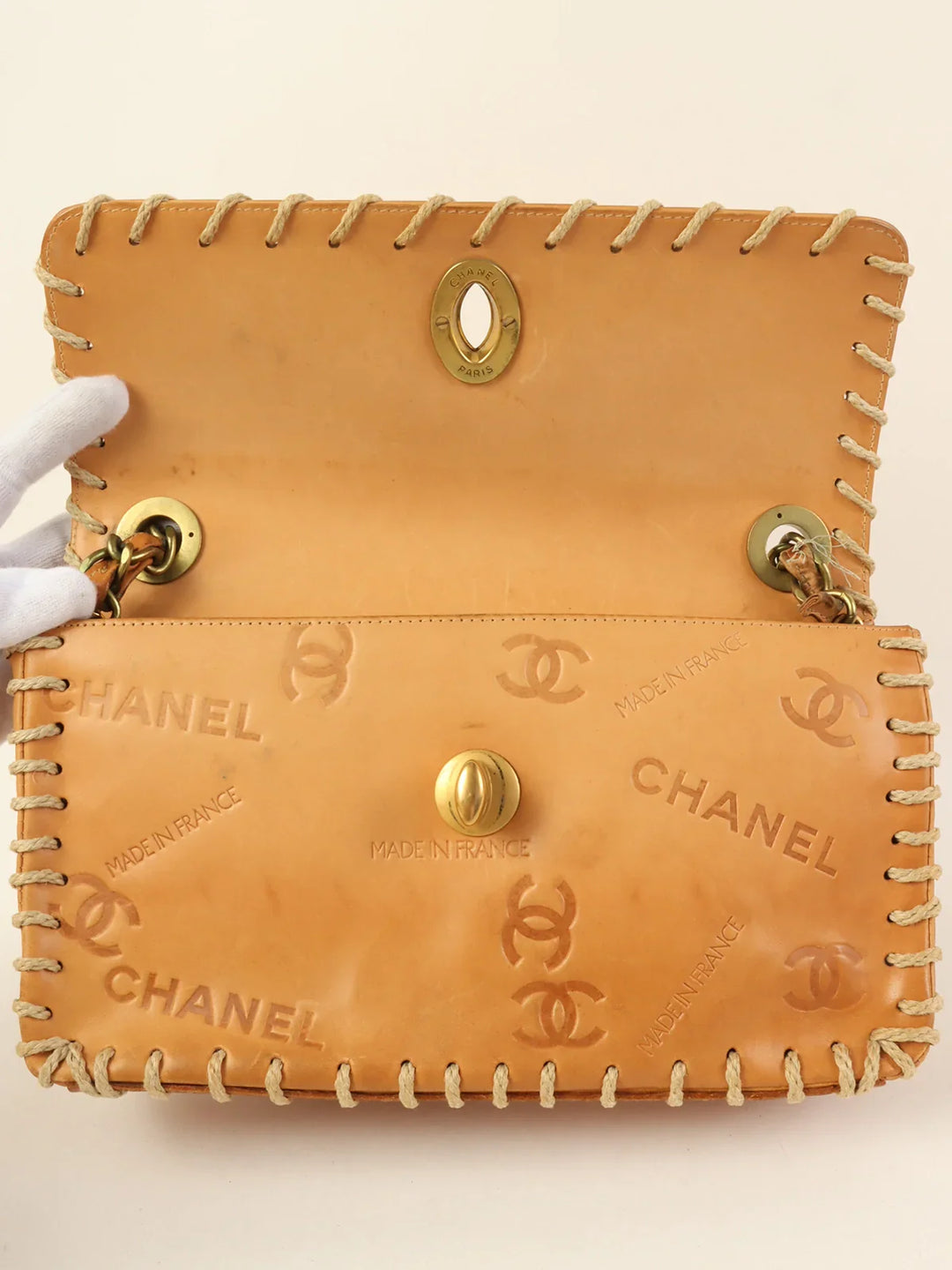 Chanel Around 1992 Made Logo Embossed Big Turn-Lock Chain Bag Camel