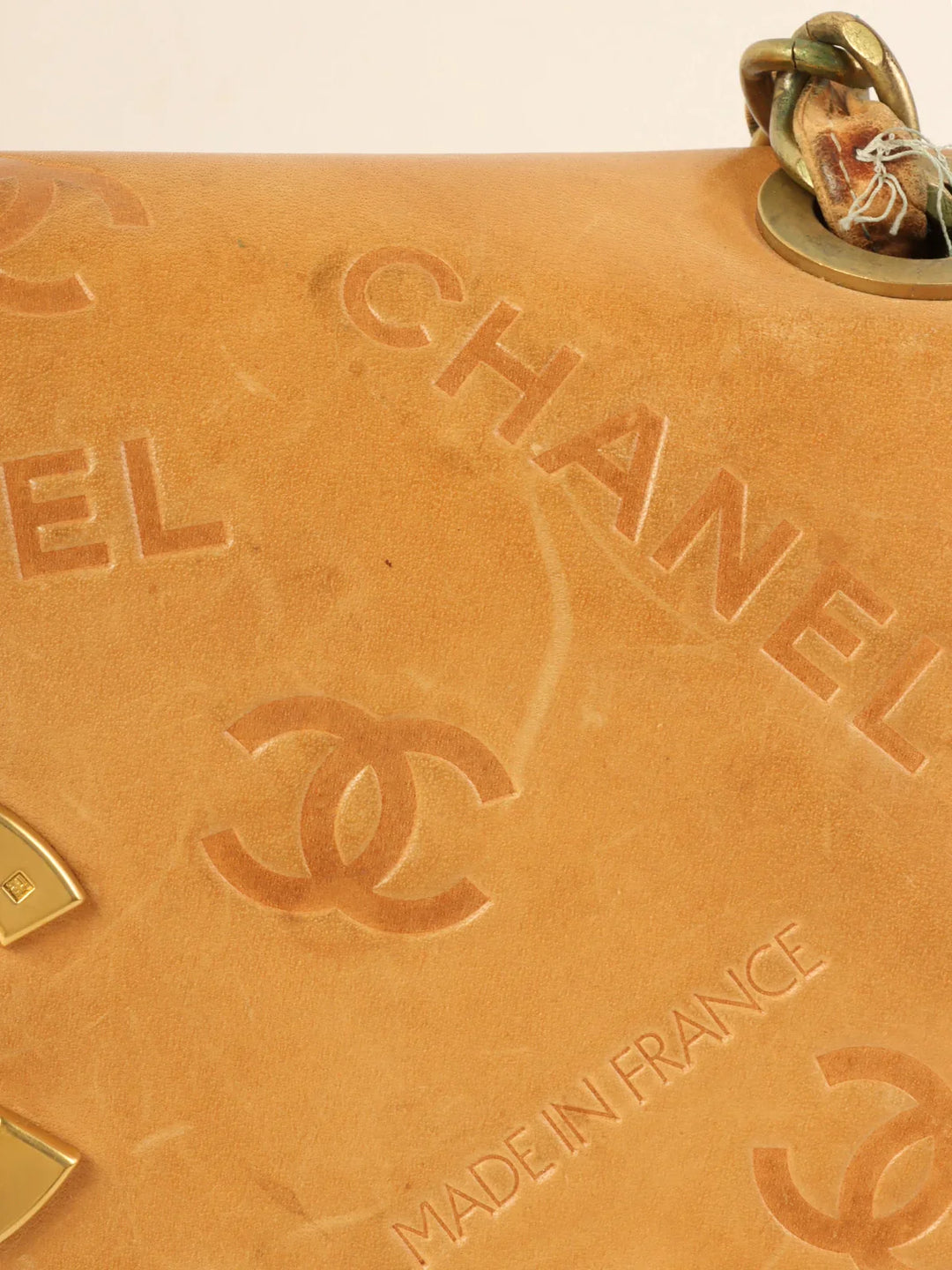 Chanel Around 1992 Made Logo Embossed Big Turn-Lock Chain Bag Camel