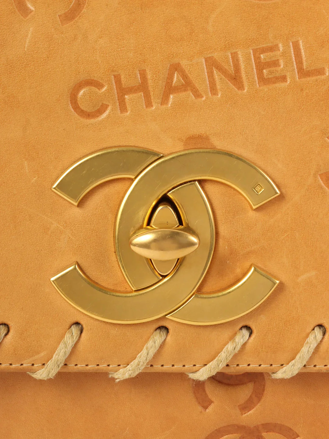 Chanel Around 1992 Made Logo Embossed Big Turn-Lock Chain Bag Camel