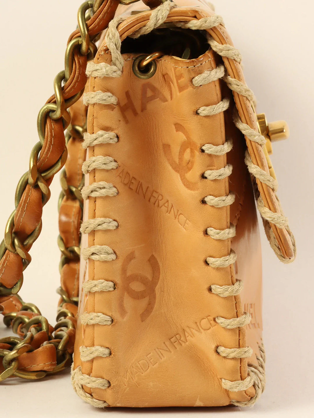 Chanel Around 1992 Made Logo Embossed Big Turn-Lock Chain Bag Camel