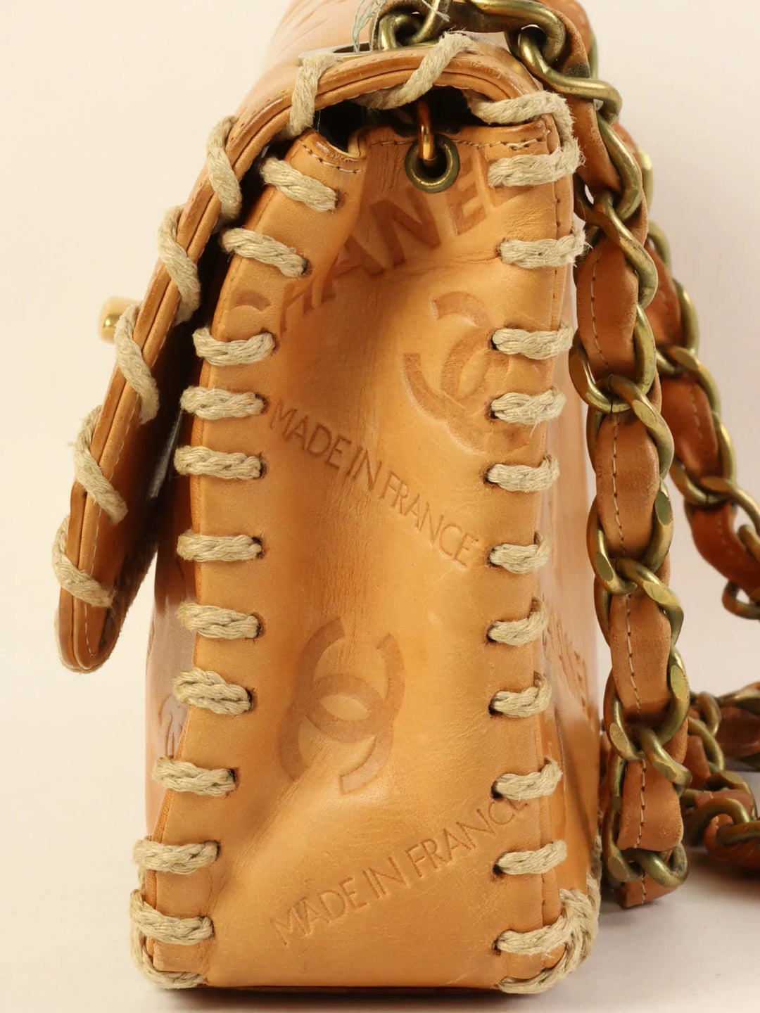 Chanel Around 1992 Made Logo Embossed Big Turn-Lock Chain Bag Camel