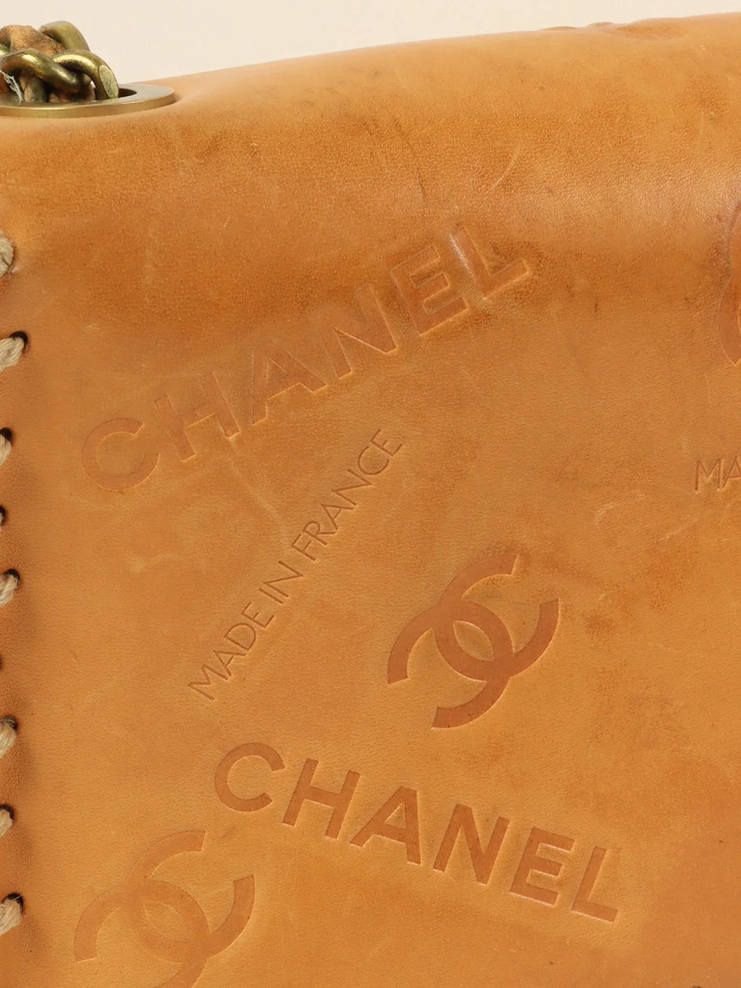 Chanel Around 1992 Made Logo Embossed Big Turn-Lock Chain Bag Camel