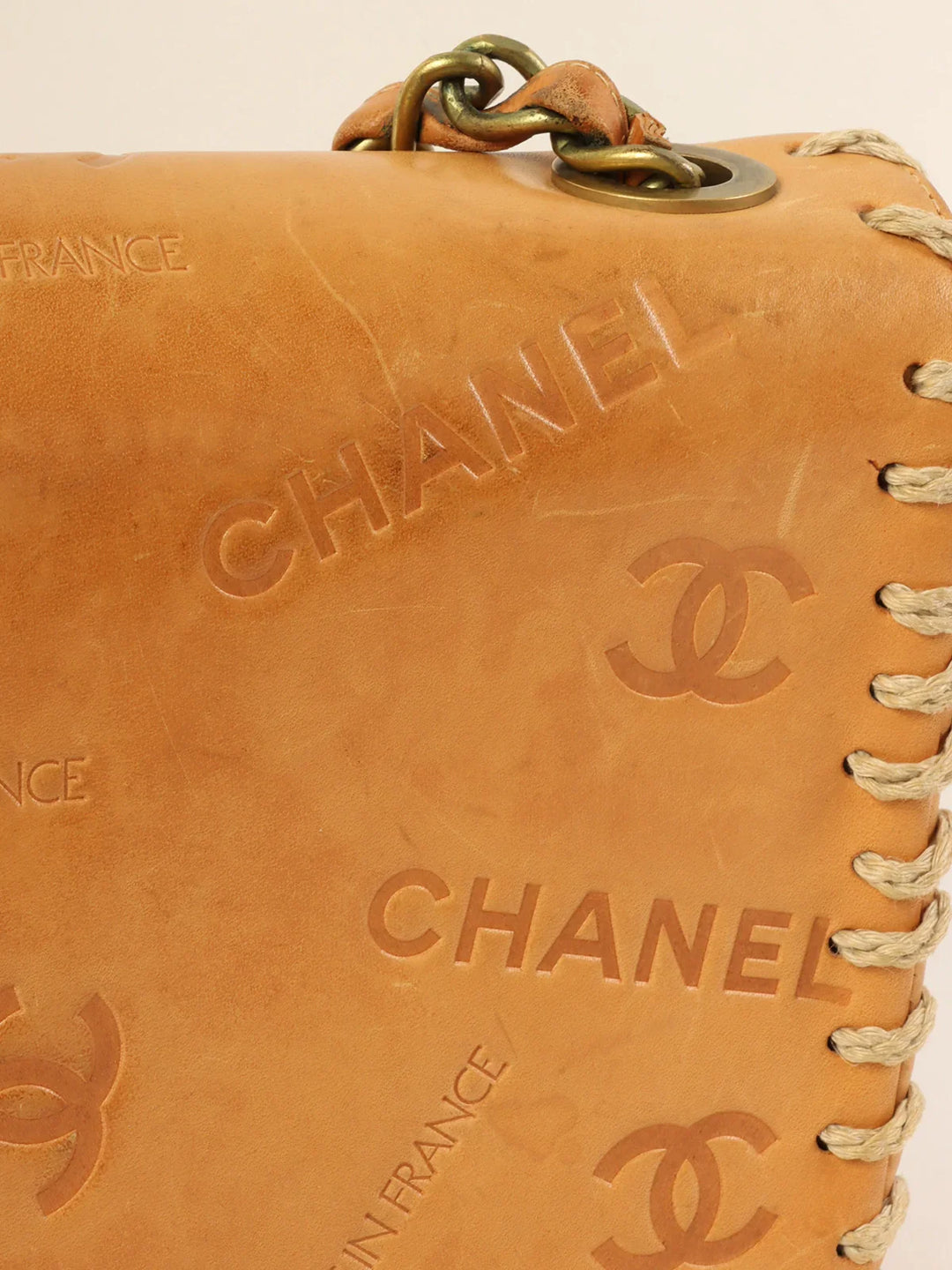 Chanel Around 1992 Made Logo Embossed Big Turn-Lock Chain Bag Camel