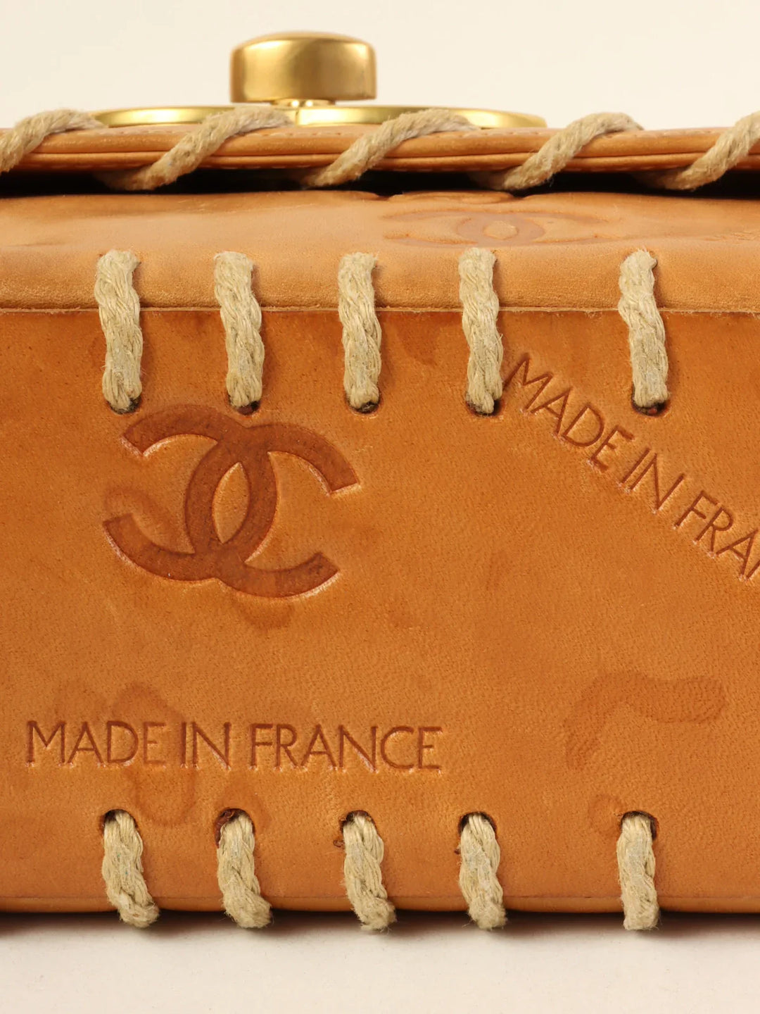 Chanel Around 1992 Made Logo Embossed Big Turn-Lock Chain Bag Camel