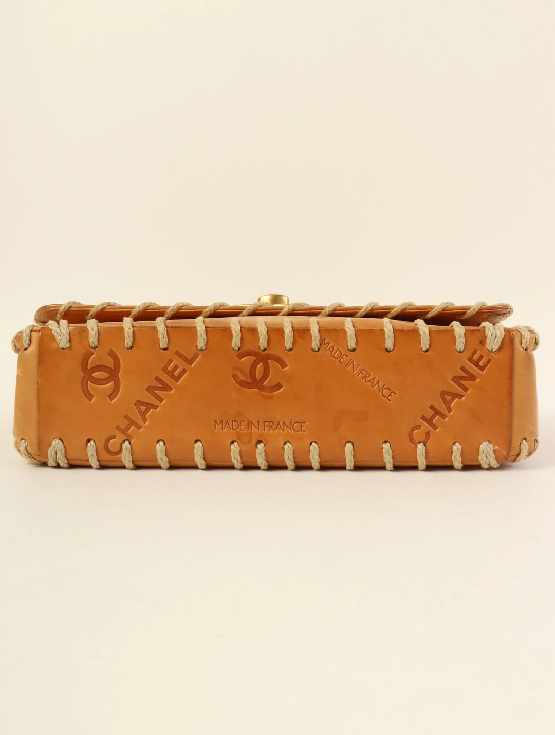 Chanel Around 1992 Made Logo Embossed Big Turn-Lock Chain Bag Camel
