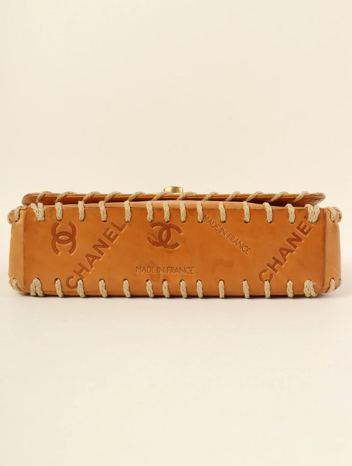 Chanel Around 1992 Made Logo Embossed Big Turn-Lock Chain Bag Camel