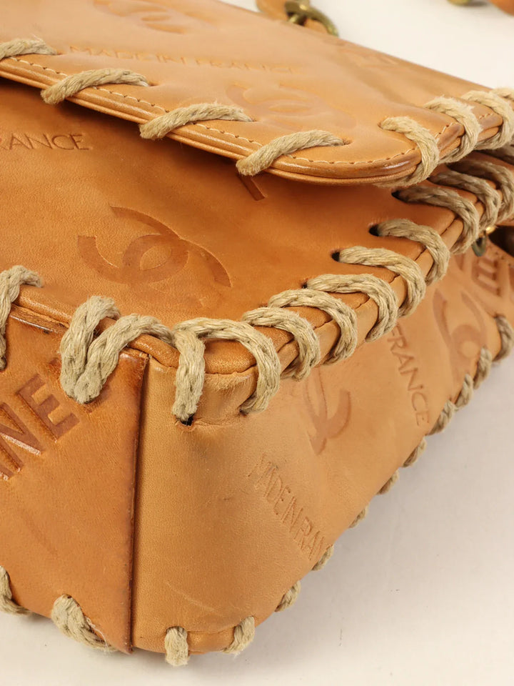 Chanel Around 1992 Made Logo Embossed Big Turn-Lock Chain Bag Camel