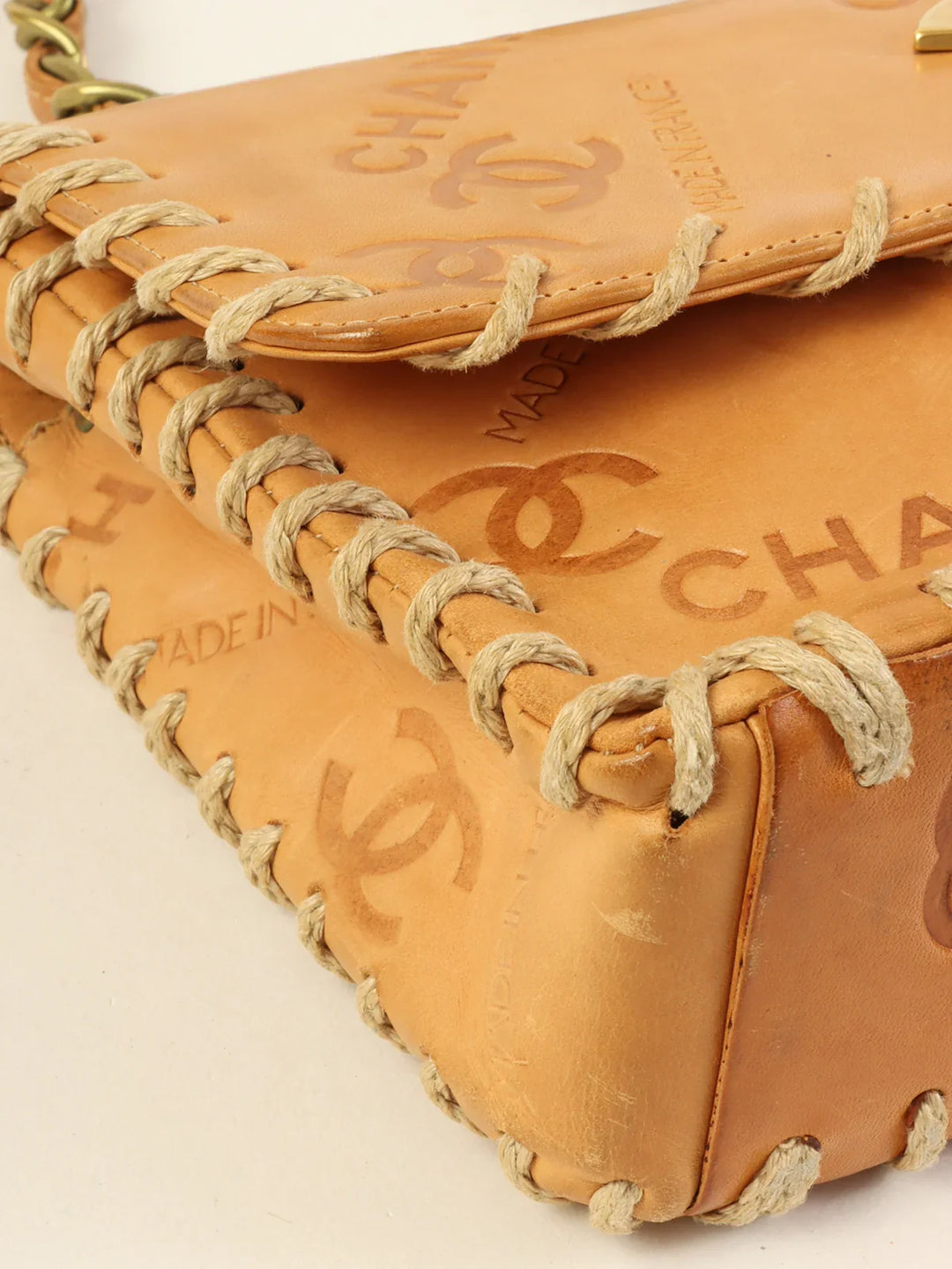 Chanel Around 1992 Made Logo Embossed Big Turn-Lock Chain Bag Camel