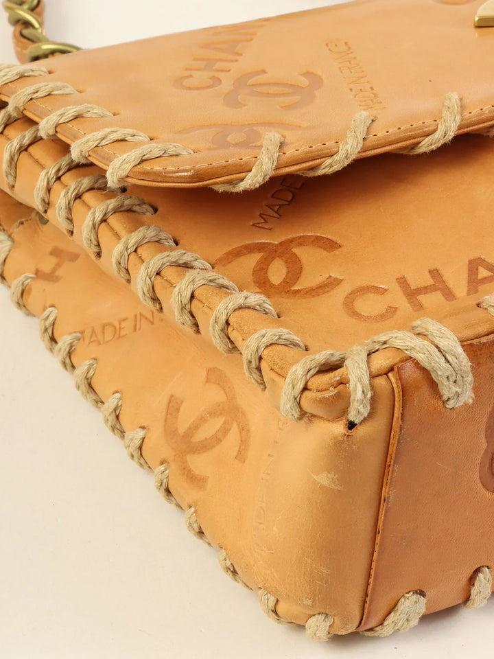 Chanel Around 1992 Made Logo Embossed Big Turn-Lock Chain Bag Camel