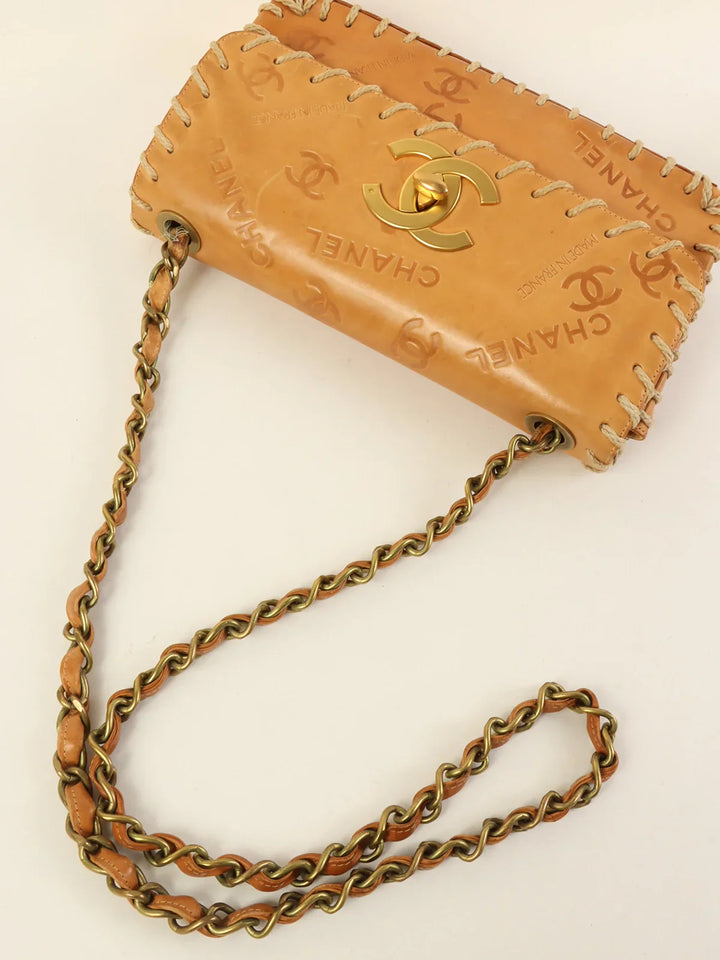 Chanel Around 1992 Made Logo Embossed Big Turn-Lock Chain Bag Camel