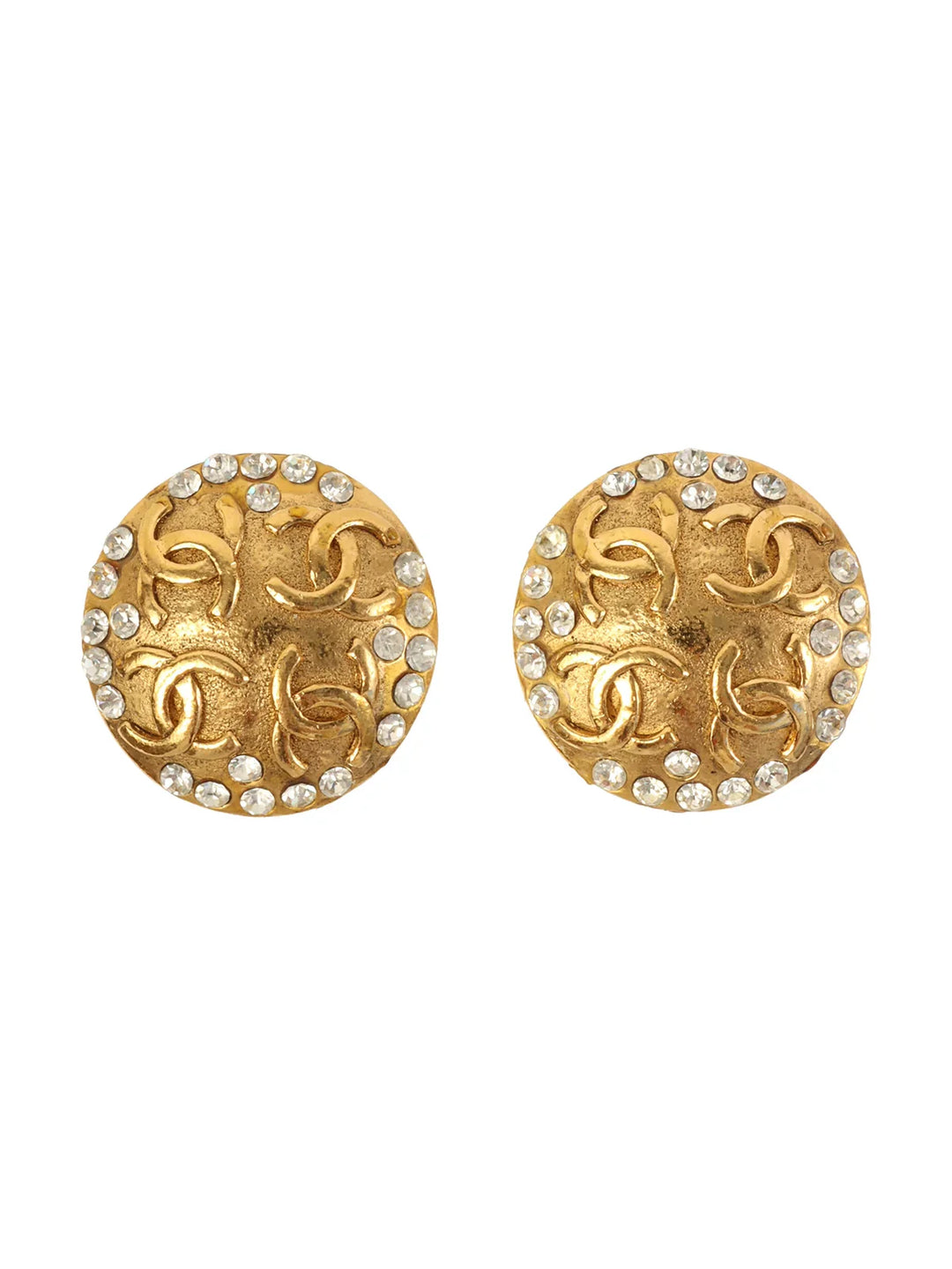 Chanel 1988 Made Round Cc Mark Rhinestone Earrings Gold
