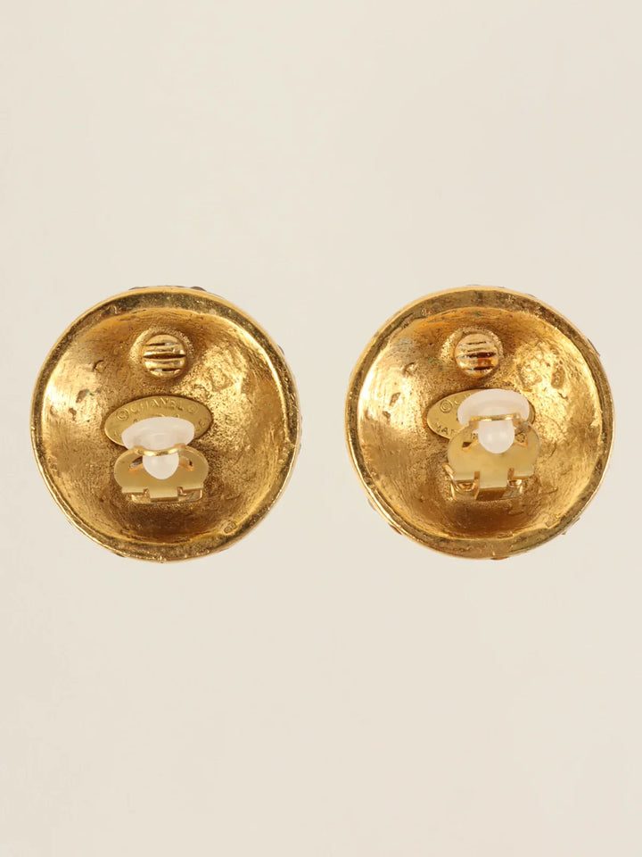 Chanel 1988 Made Round Cc Mark Rhinestone Earrings Gold